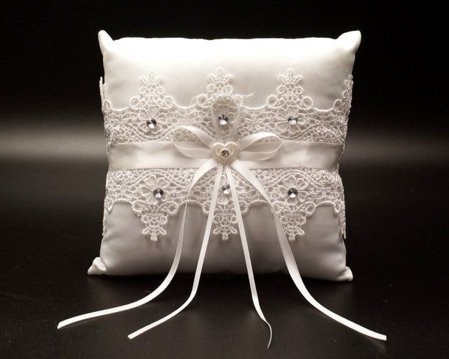 White Venise Lace Ring Bearer Pillow with Rhinestones 8 Inch