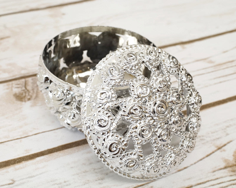 2.5" Silver Round Rose Carved Plastic Favor Box - Pack of 12