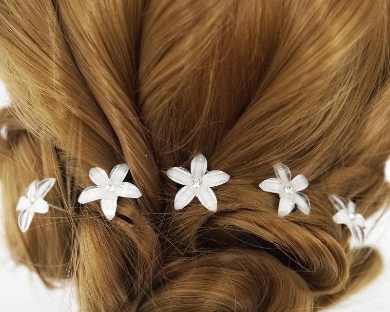 White Acrylic Flower Hair Pins Rhinestone Center 72 Pack
