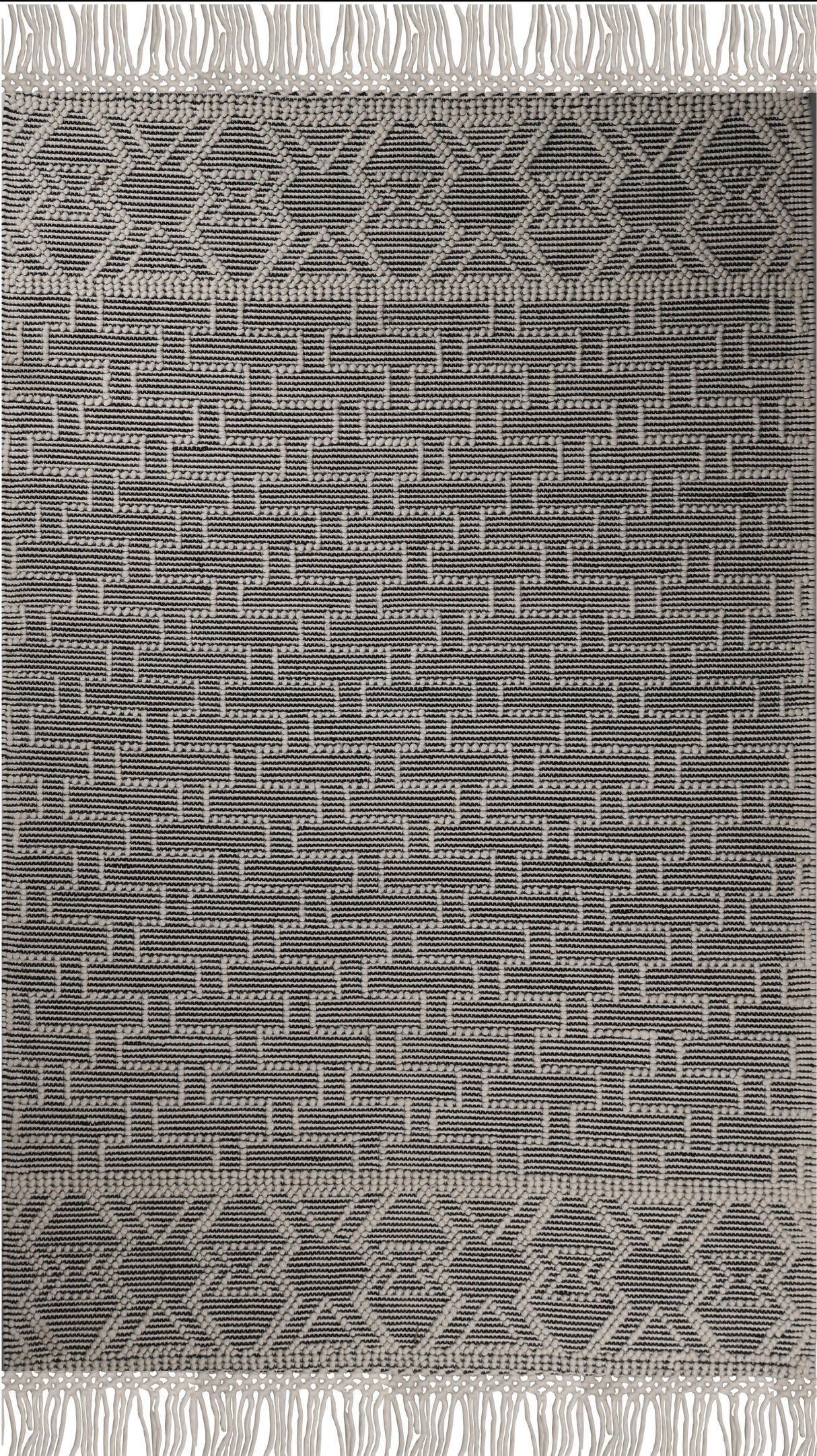 Noor Rug Collection Wool Cotton Blend Fabric - White Black, Hand Made Bohemian, 9' X 12' (1 Piece)