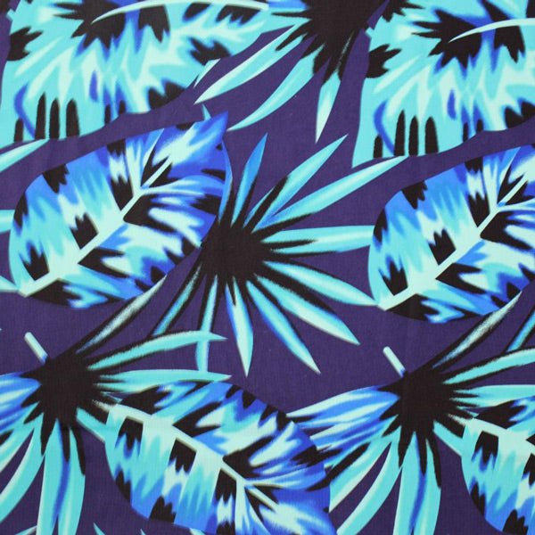 Miami Vice Palm Leaves Nylon Spandex Fabric - Blue Palm Leaves Print, 55/56" Width (1 Yard)