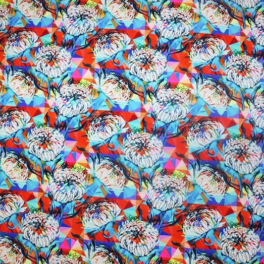 Abstract Wild Flower Printed Nylon Spandex Fabric - Blue Floral Print, 55/56" Width (1 Yard)