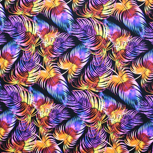 Rainbow Palms Leaves Printed Nylon Spandex Fabric - Blue, Palm Leaves Print, 55/56" Width (1 Yard)