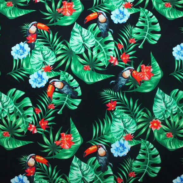 Tropical Toucans Printed Nylon Spandex Fabric - Tropical Toucan Print, Blue, 55/56" Width (1 Yard)
