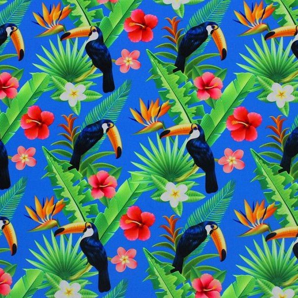 Paradise Toucans Printed Nylon Spandex Fabric - Blue Toucans Print, 55/56" Width (1 Yard)