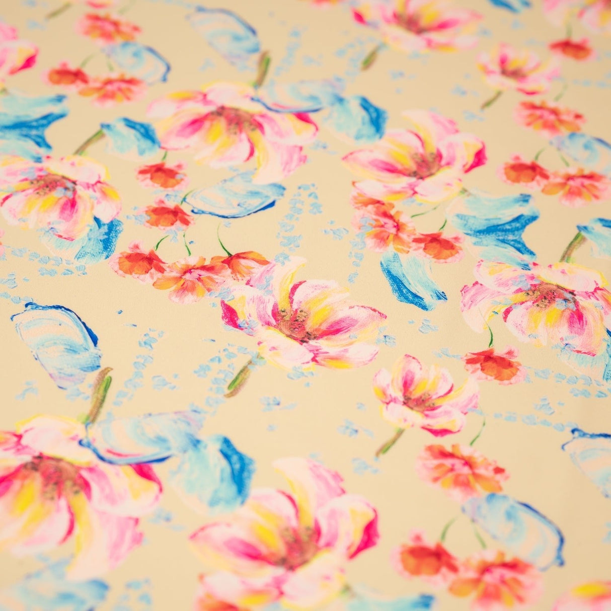 Painterly Flowers Printed Nylon Spandex Fabric - Blue Floral Print, 55/56" Width (1 Yard)