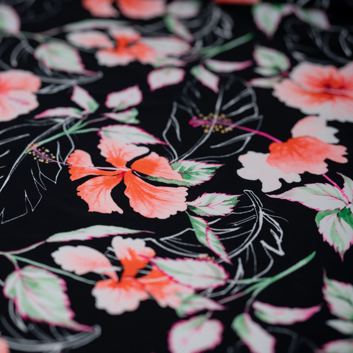 Printed Spandex Hibiscus Flowers Black