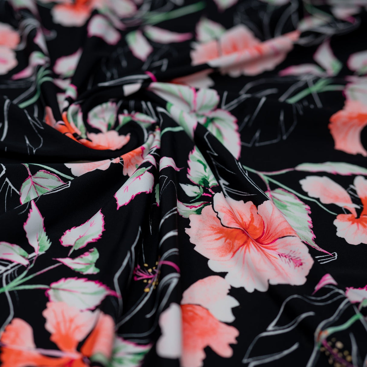 Printed Spandex Hibiscus Flowers Black