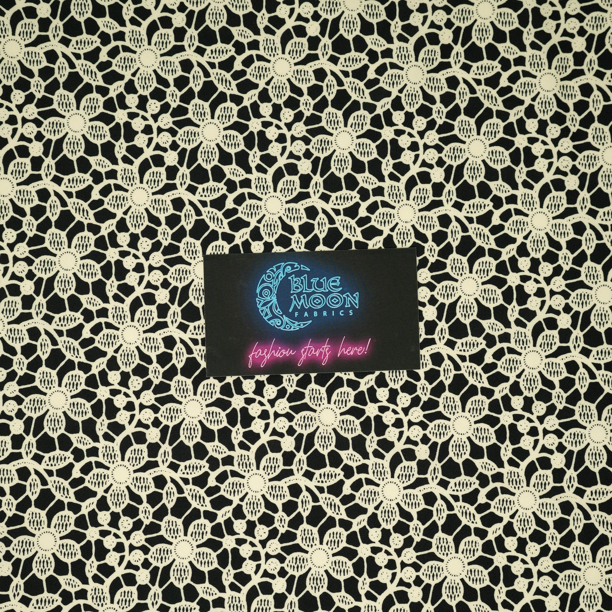 Printed Spandex Ivory Flower Lace on Black
