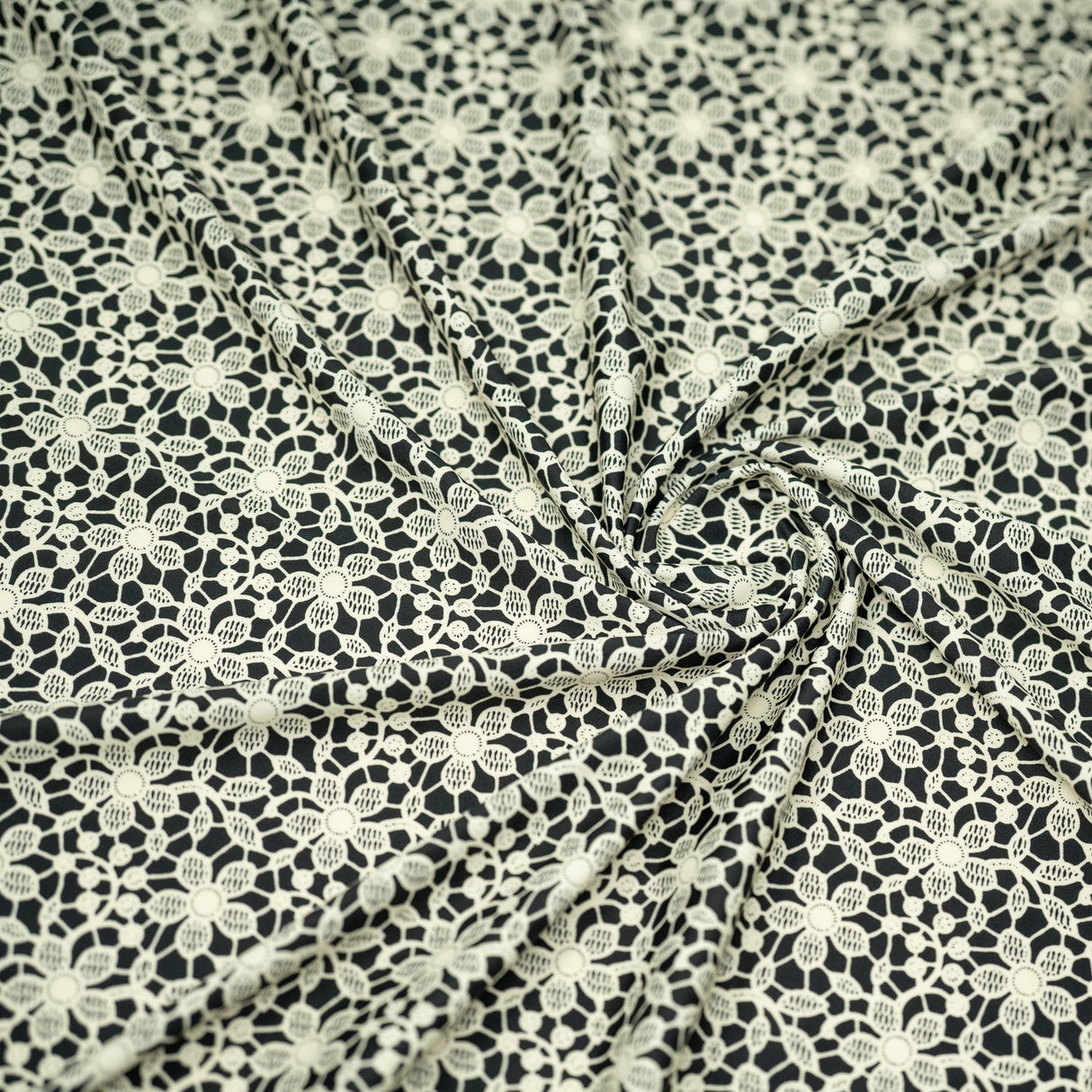 Printed Spandex Ivory Flower Lace on Black