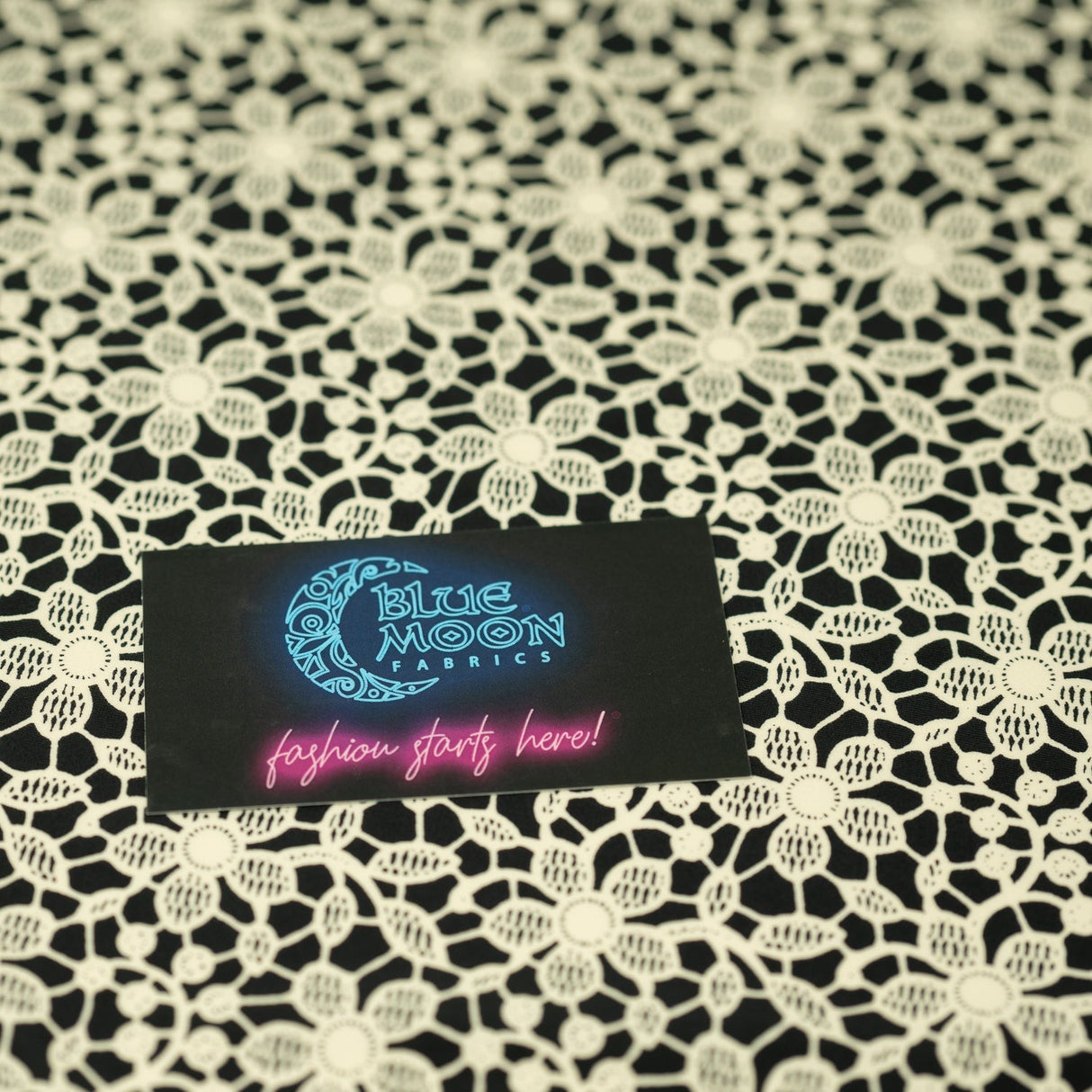 Ivory Flower Lace Pattern On Black Nylon Spandex Fabric - Black, Ivory Floral Lace Pattern, 55/56" Width (1 Yard)