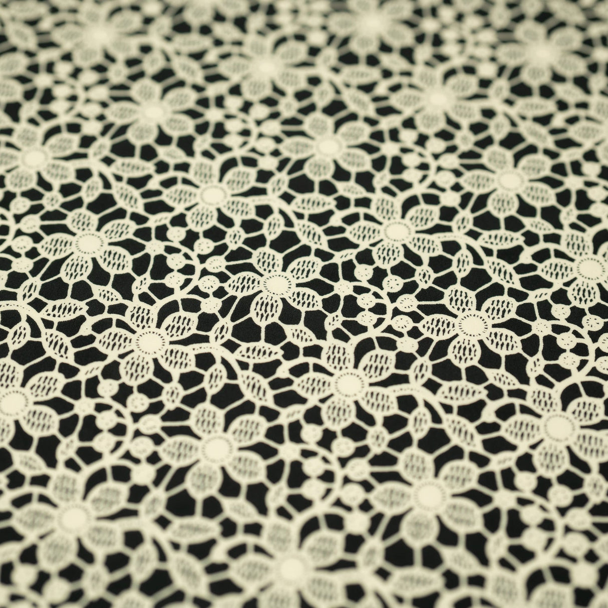 Ivory Flower Lace Pattern On Black Printed Nylon Spandex Fabric - Black, Ivory Floral Lace Pattern, 55/56" Width (1 Yard)