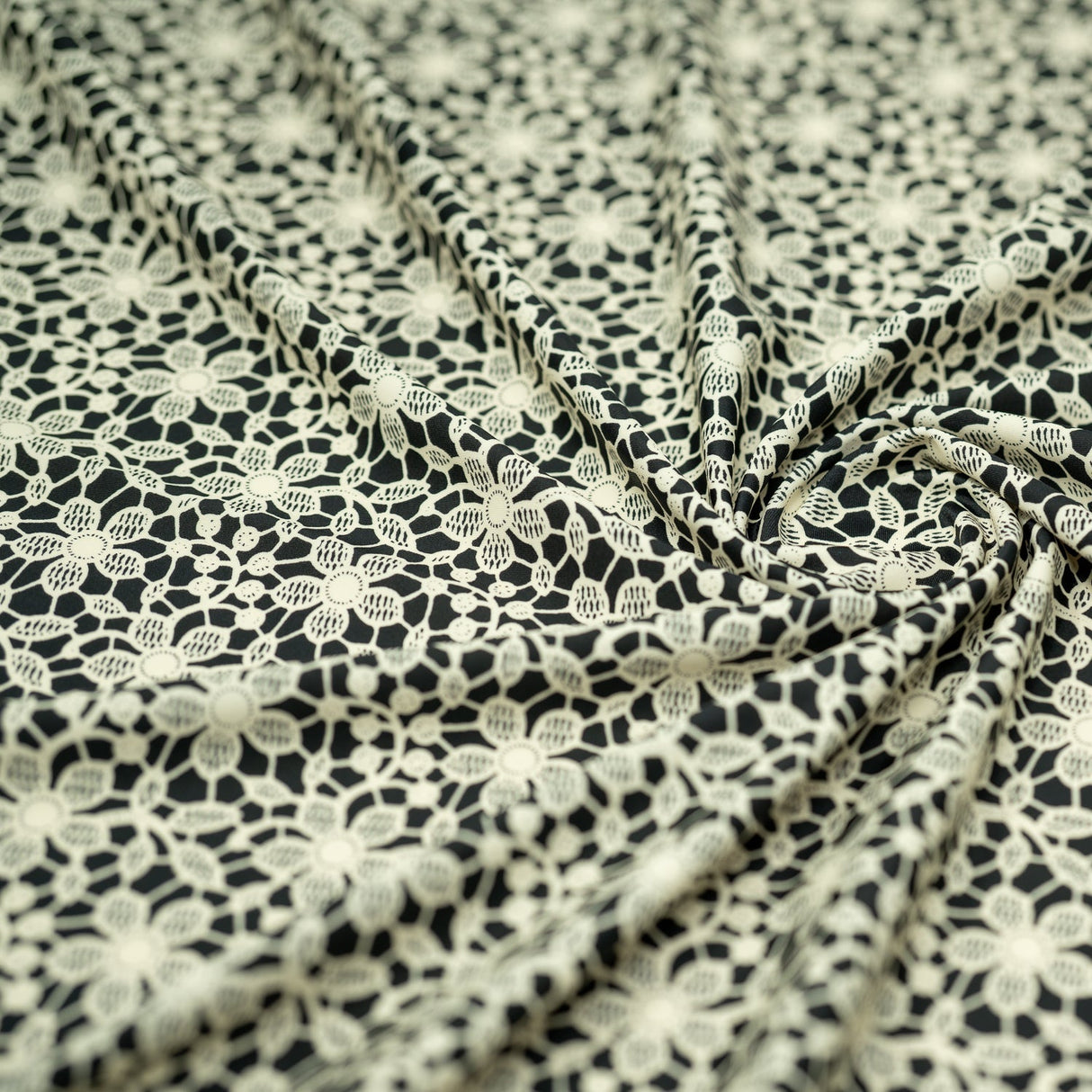 Ivory Flower Lace Pattern On Black Nylon Spandex Fabric - Black, Ivory Floral Lace Pattern, 55/56" Width (1 Yard)