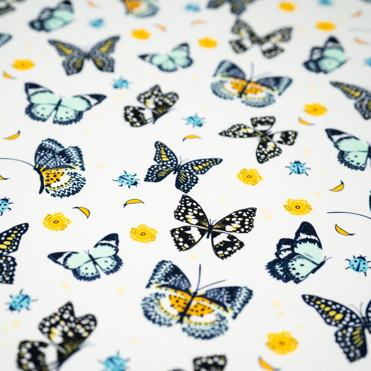 Butterflies And Ladybugs Printed Nylon Spandex Fabric - Blue, Butterfly And Ladybug Print, 55/56" Width (1 Yard)