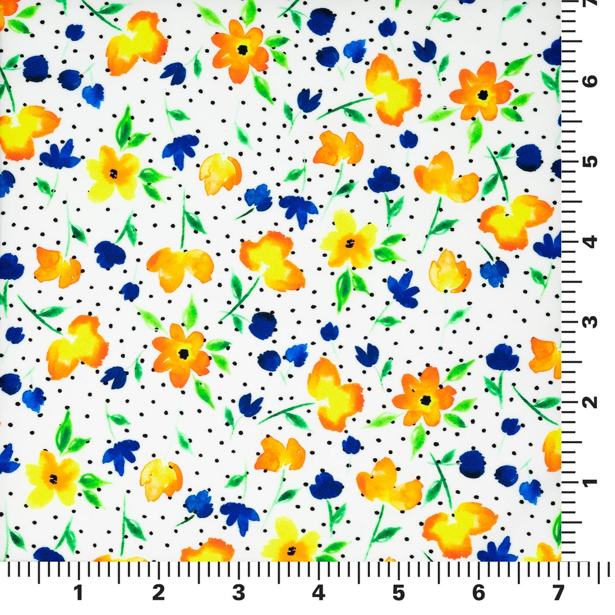 Watercolor Flowers And Black Dots Printed Nylon Spandex Fabric - Blue, Floral Dots, 55/56" Width (1 Yard)