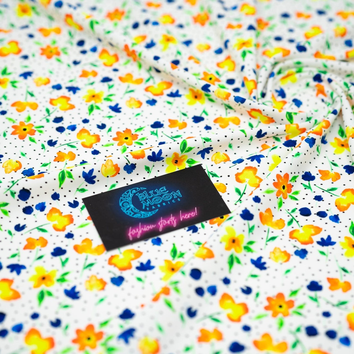 Printed Spandex Watercolor Flowers Black Dots