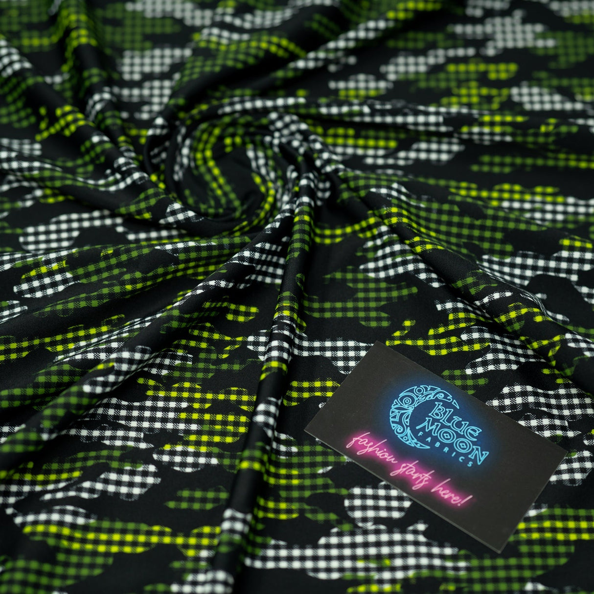 Camouflage Plaid Printed Nylon Spandex Fabric - Blue, Plaid Print, 55/56" Width (1 Yard)