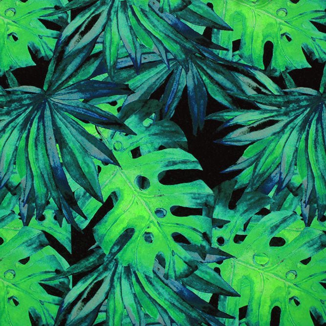 Printed Spandex Black Palm Leaves