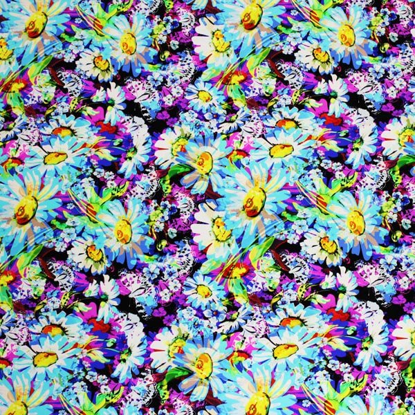 Butterflies Daisies Printed Nylon Spandex Fabric - Blue, Butterfly And Daisy Print, 55/56" Width (1 Yard)