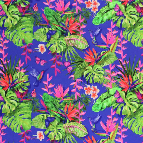Printed Spandex Humming Bird Tropical Garden