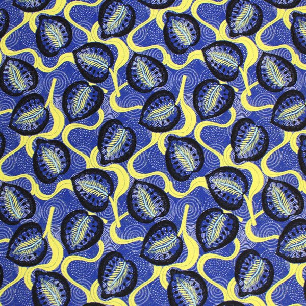Printed Spandex Fabric Blue and Yellow Leaves