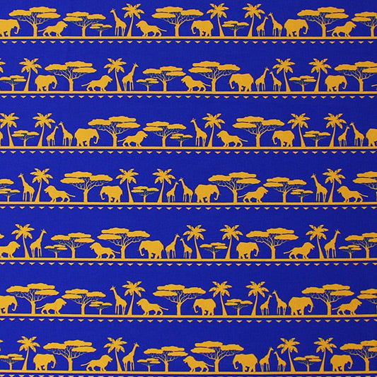 Elephant Giraffe African Safari Printed Nylon Spandex Fabric - Blue, Animal Print, 55/56" Width (1 Yard)