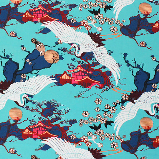 Bonsai Tree Crane Asian Mint Nylon Spandex Fabric - Asian Mint Printed, 55/56" Width (1 Yard)