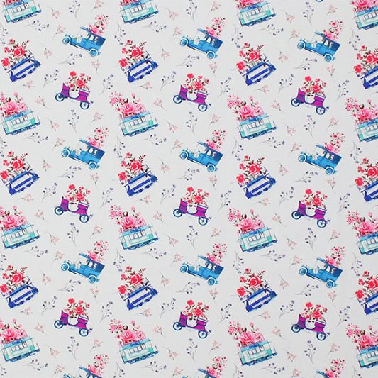 Printed Spandex Flowers and Cars Blue