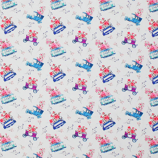 Old Fashioned Flowers And Cars Printed Nylon Spandex Fabric - Blue Floral And Cars Print, 55/56" Width (1 Yard)
