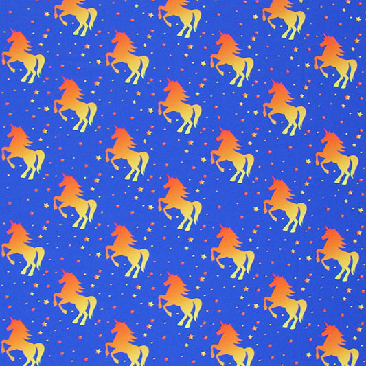 Unicorns Yellow Orange Printed Nylon Spandex Fabric - Yellow Orange Unicorn Print, 55/56" Width (1 Yard)