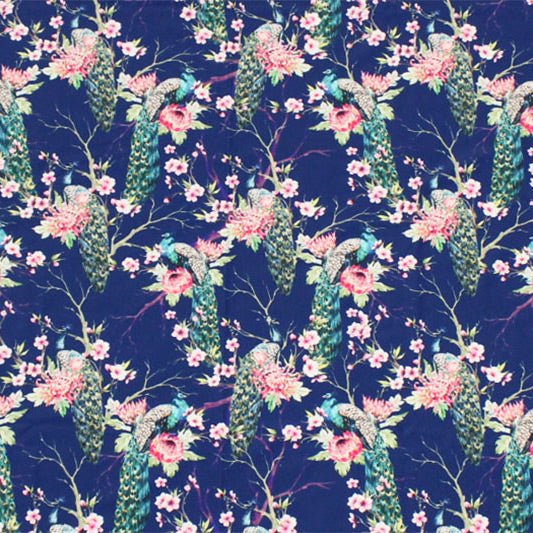 Printed Spandex Peacocks on Branches Blue