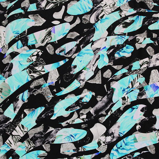 Broken Mirrors Nylon Spandex Fabric - Blue Abstract Print, 55/56" Width (1 Yard)
