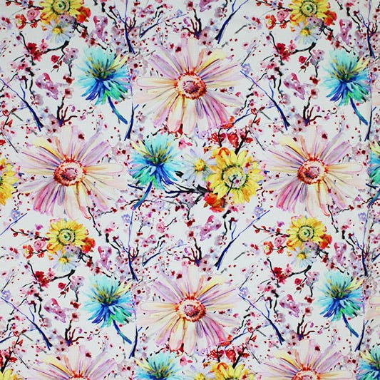 Printed Spandex Watercolor Daisies Blue