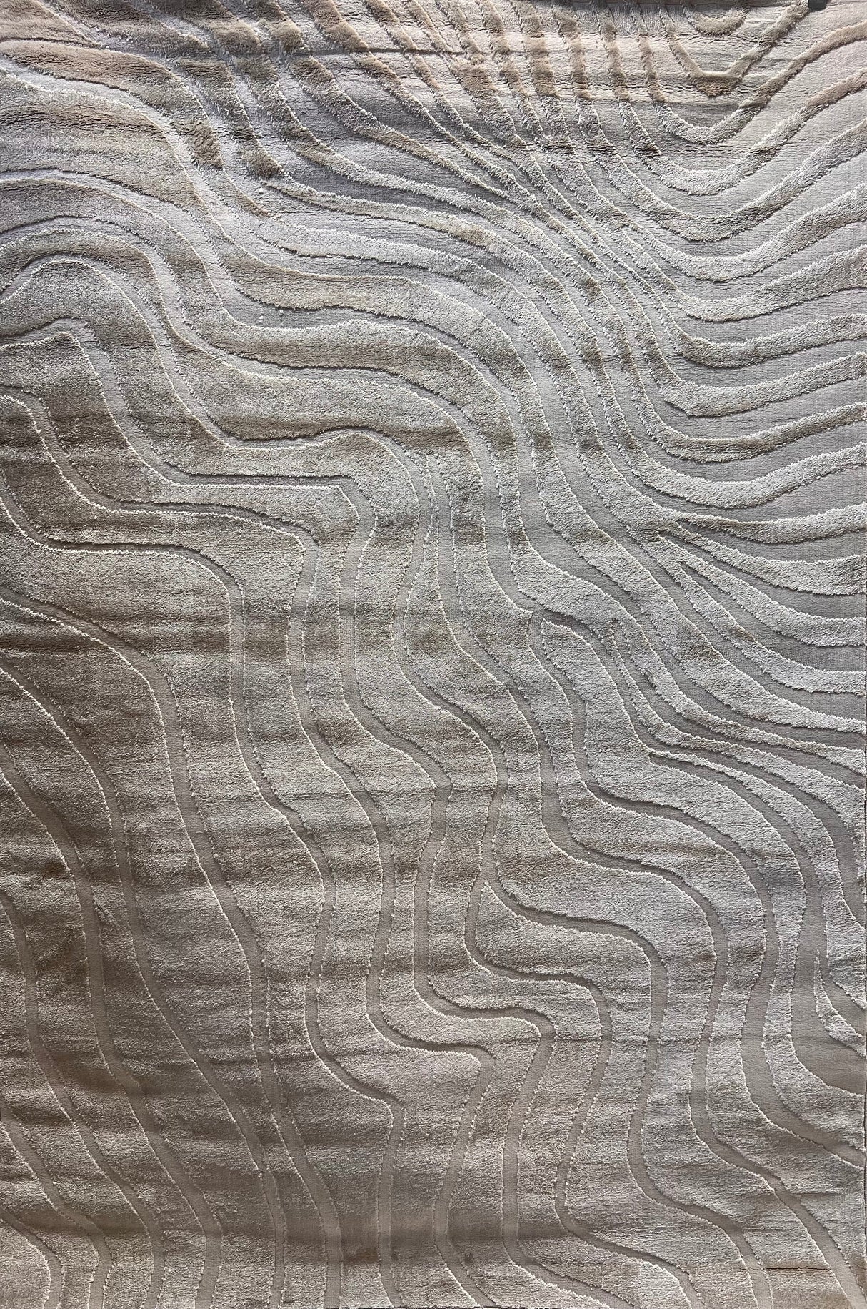 Cozy Mocha Waves Area Rug - Beige Tone-On-Tone Abstract, High-Low Texture, 5' 3" X 7' 4", 8' X 11", 10' X 13" (3 Sizes)