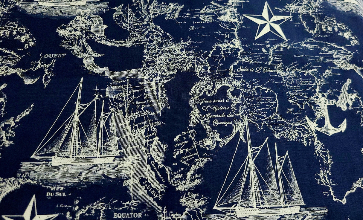 Quilting Cotton Nautical Map Navy White 100% Cotton By the Yard