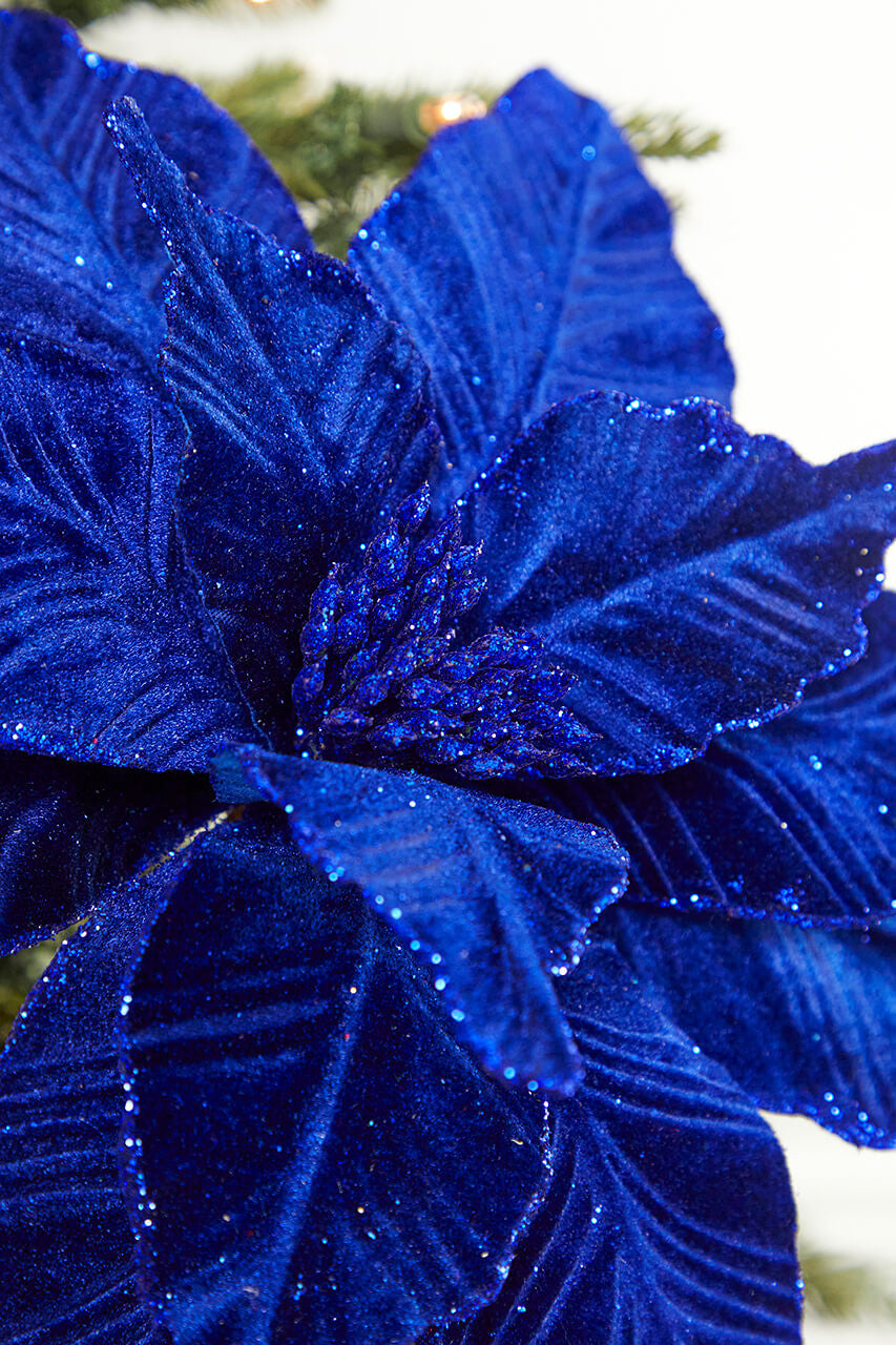 Royal Blue Velvet Poinsettia Stem 22 Inch Christmas Floral Decor