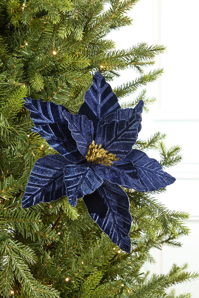 24 Inch Midnight Blue Velvet with Glitter Center Poinsettia Stem – Luxurious Jewel-Tone Holiday Elegance