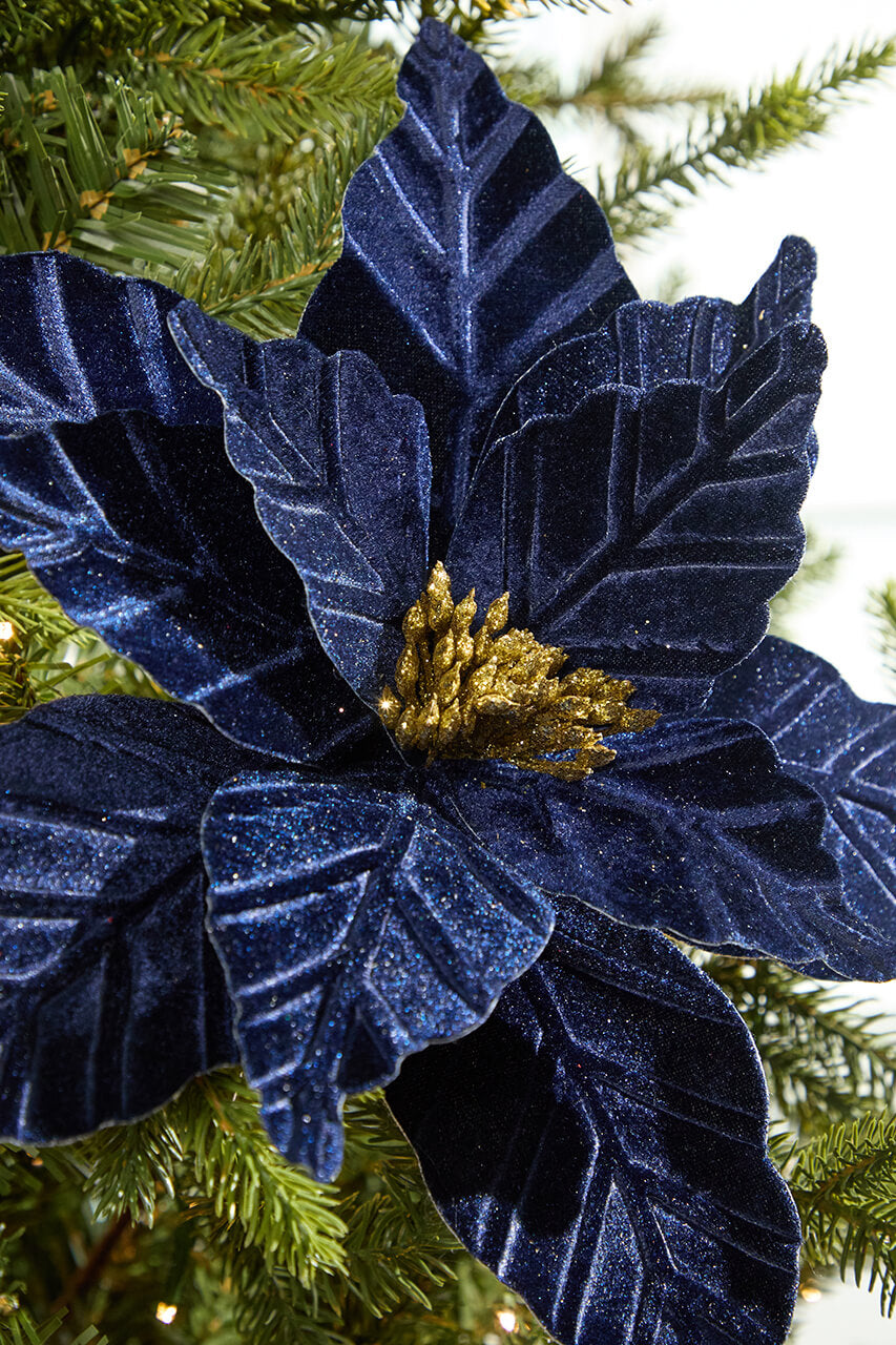 24" Midnight Blue Velvet with Glitter Center Poinsettia Stem