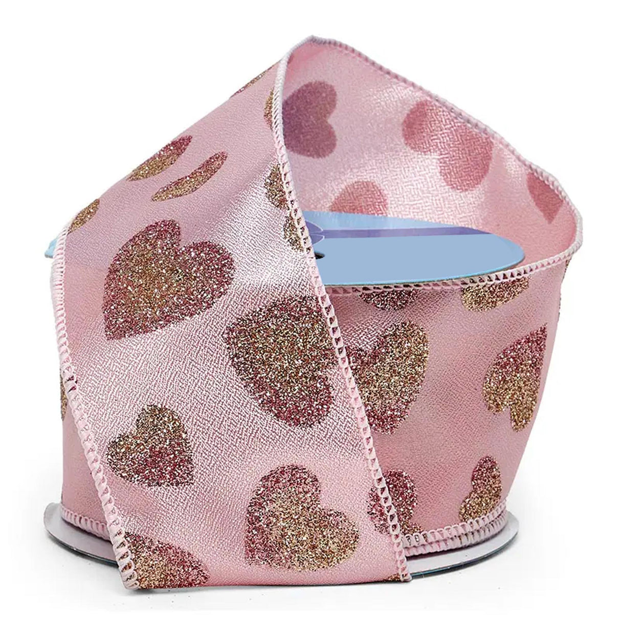 Glitter Hearts On Wired Ribbon 2 1/2 '' x 10 yd Pink / Gold Color 1 / ROLL