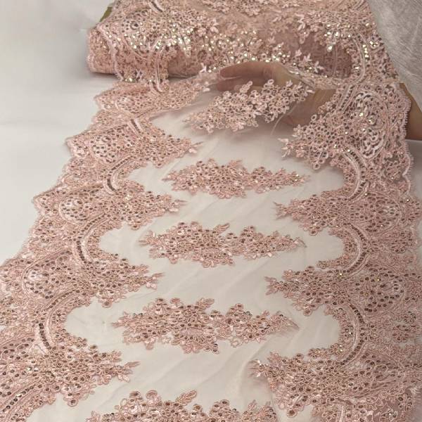 Sequin Lace Fabric With Embroideries On Mesh - Polyester Mesh, Sequin Embroidery, Scalloped Borders, 20.08" Width