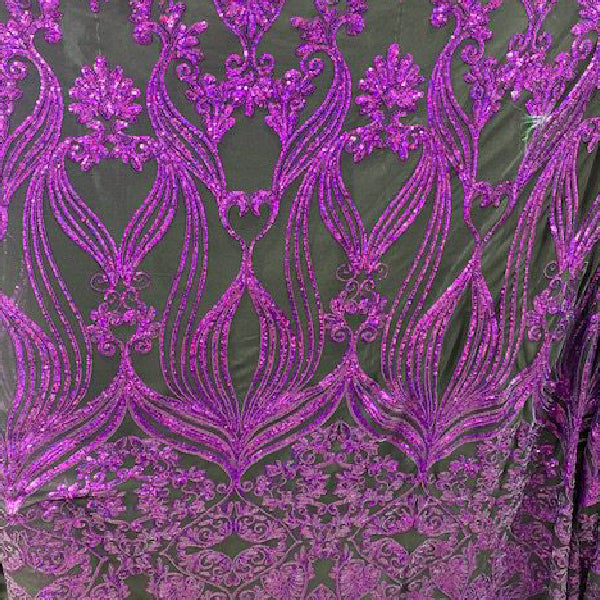 Black Iridescent Purple Damask Design Embroidered On Mesh Lace Fabric - Black, Purple Damask Pattern, 54" Width (1 Yard)
