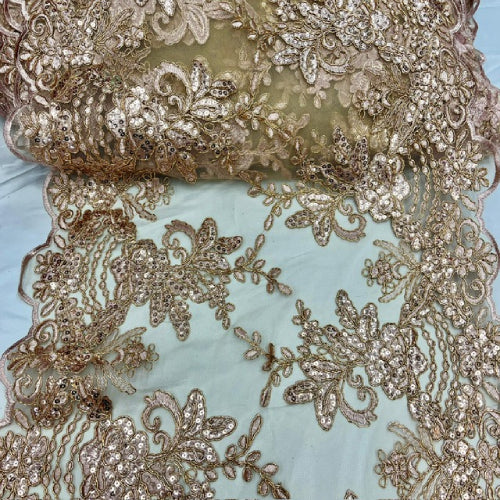 Dusty Rose Sequin Lace Fabric - Embroideries On Mesh, 52" Width