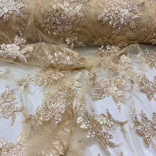 Gold Sequin Lace Fabric With Embroideries On Mesh - Gold Embroidered Sequin Lace, 52" Width