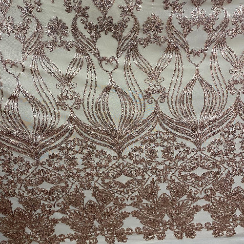 Rose Gold Damask Design Embroidered On Mesh Lace Fabric - Rose Gold Damask, 54" Width