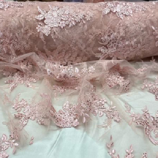 Blush Sequin Lace Fabric With Embroideries On Mesh - Blush, Floral Embroidered Mesh, 52-54" Width