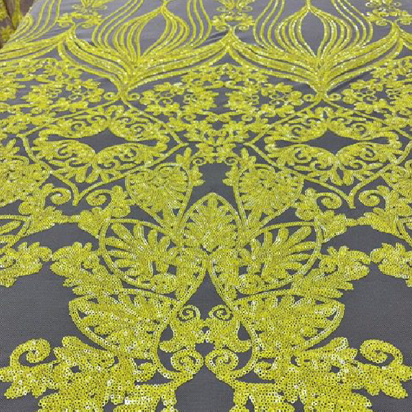 Nude Iridescent Yellow Damask Design Embroidered On Mesh Lace Fabric - Nude, Yellow Damask Pattern, 52" Width (1 Yard)