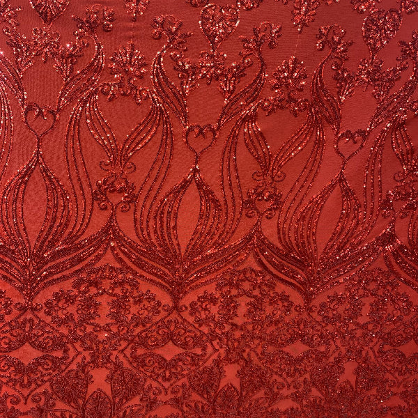 Red Damask Design Embroidered On Mesh Lace Fabric - Red Damask Pattern, 52" Width (1 Yard)