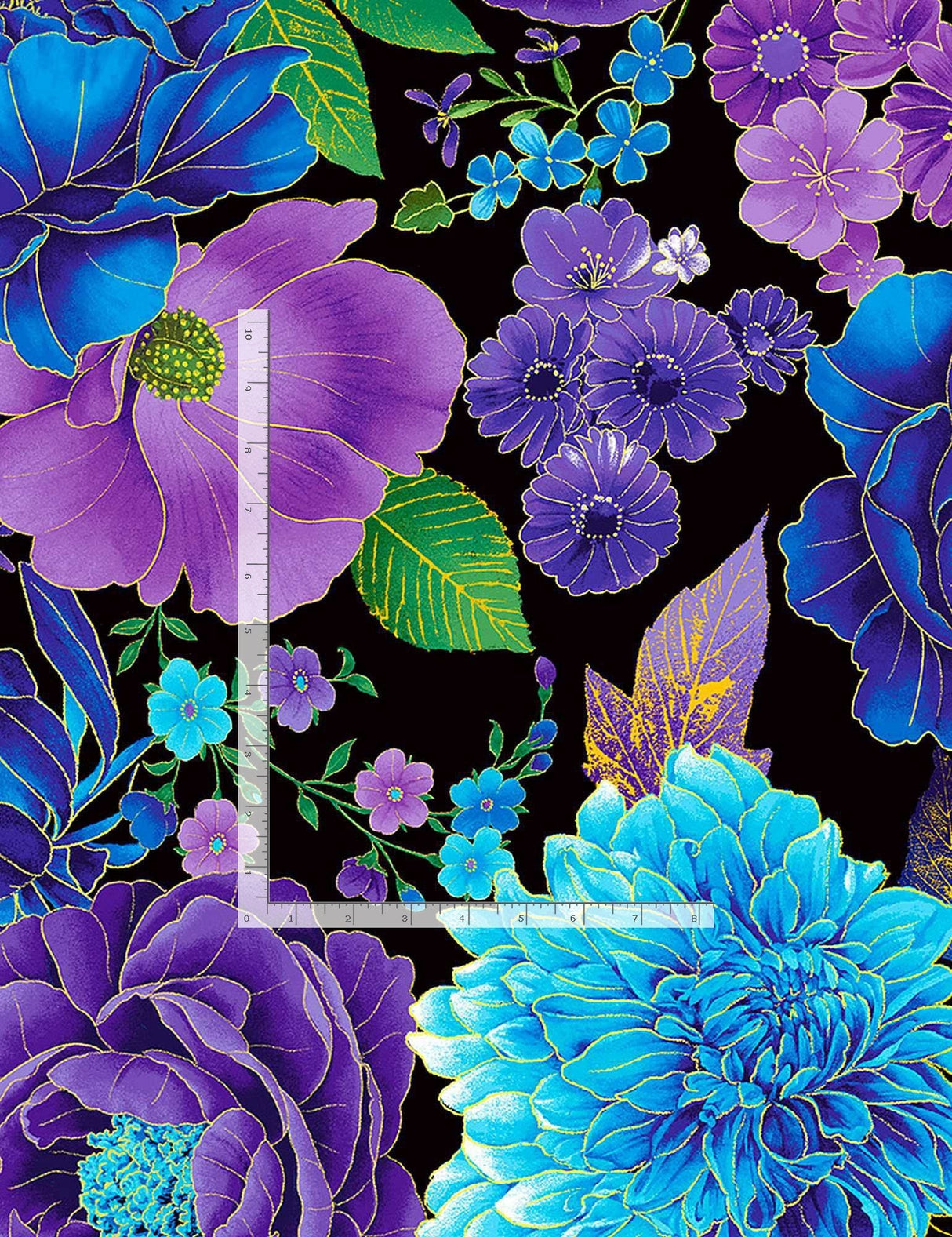 Quilting Cotton Black Utopia Blue Metallic Florals Timeless Treasures