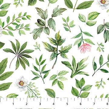 Quilting Cotton Blush Collection Leaf Toss White Green Northcott