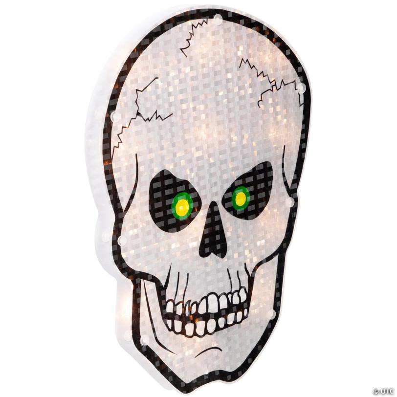 Northlight 12" Silver and Black Holographic Lighted Skull Halloween Window Silhouette Decoration